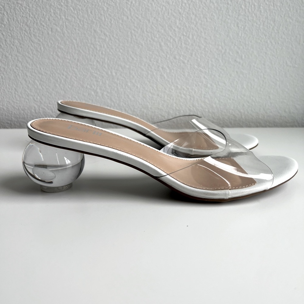 Bar III Clear PVC Slide Sandals with White Sole and Transparent Orb Heel